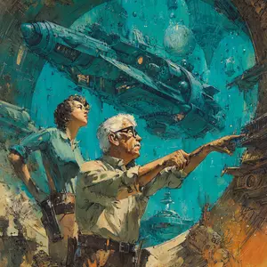 This retro-futuristic illustration depicts an older man and a younger woman observing a monumental sci-fi cityscape or space station. The man, wearing glasses and a utility shirt, points intently towards the intricate structures in the distance, seemingly explaining or guiding the woman's attention. She looks upwards with a sense of wonder towards a colossal spacecraft or underwater vehicle dominating the teal-hued background. The environment suggests either a vast underwater colony or a large space station with numerous interconnected spherical and angular buildings. The scene conveys a mood of exploration, discovery, and awe at advanced human ingenuity within an expansive, mysterious setting.