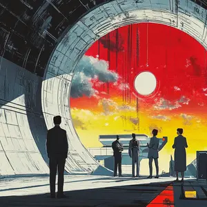 The image features a group of individuals within a vast, dark industrial or futuristic chamber, gazing through a monumental circular portal. One figure stands prominently in the foreground with their back to the viewer, while four others are gathered deeper within the setting, seemingly observing or discussing. The portal reveals an extraordinarily vibrant sky outside, dominated by intense red and yellow hues, punctuated by scattered clouds and a bright white circular orb that resembles a sun or distant planet. The rough, textured walls of the interior structure contrast sharply with the dramatic, almost otherworldly vista, creating an atmosphere of discovery, awe, and contemplation.