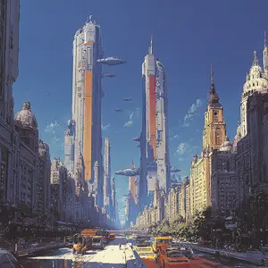 This captivating image portrays a futuristic cityscape, blending classic architecture with towering, sleek skyscrapers featuring prominent orange and red vertical panels. The focal point is a bustling street scene with traditional cars and buses sharing the thoroughfare, flanked by ornate, older buildings. Above, a clear blue sky is punctuated by numerous disc-shaped flying vehicles, akin to advanced drones or UFOs, navigating between the immense structures. The overall atmosphere is one of advanced urban development and technological progress, showcasing a vibrant future where new and old elements coexist in a harmonious, yet dramatically evolved, environment.