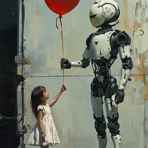 The painting depicts a poignant interaction between a small girl and a tall, humanoid robot in an urban or industrial setting, characterized by a textured, light-colored wall and dark pipework on the left. The girl, dressed in a simple white dress, gazes up at the robot, reaching to hold the red string of a large, vibrant red balloon. The sleek white and black robot, with a somewhat benevolent expressionless face, is also holding the balloon's string, suggesting a shared moment of wonder or a gentle offering. The artistic brushstrokes add a soft depth to the scene, creating an atmosphere of curiosity and peaceful coexistence between humanity and advanced technology.