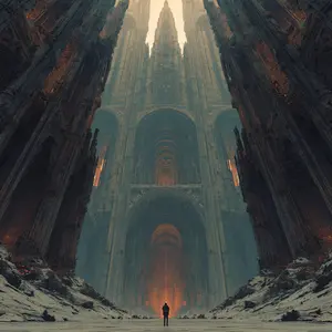 A lone figure stands in the foreground, facing away and gazing into the immense expanse of a colossal, ancient-looking structure. This structure, reminiscent of a gothic cathedral or a fortified city, dominates the scene with its towering spires, intricate facades, and a series of receding arched passages that glow with a warm, amber light, leading far into the distance. The ground is barren and flat, bordered by rugged, rocky terrain, emphasizing the desolate environment. The sky above is a muted, pale hue, casting a solemn light. The scene evokes a powerful sense of awe, mystery, and solitude, highlighting the insignificance of the individual against the grandeur of the architectural marvel.