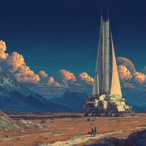 This stunning sci-fi landscape depicts a colossal, futuristic land-sailer vehicle dominating a vast, ochre-colored desert plain. The vehicle features multiple towering masts with sail-like structures, resembling an advanced terrestrial vessel designed for exploration. In the distance, jagged, snow-capped mountains rise under a deep blue sky adorned with brilliant, sun-kissed clouds. A prominent orange moon or distant planet hangs majestically above the horizon. In the foreground, two small, silhouetted figures walk along a dusty path, one with a bicycle, providing a sense of human scale against the monumental backdrop. The atmosphere is one of awe-inspiring exploration and quiet grandeur in an extraterrestrial or post-apocalyptic world.