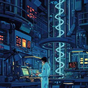 A lone researcher in a white lab coat is intensely focused on multiple computer screens and input devices at a sophisticated workstation within a futuristic, dimly lit laboratory. The central and dominant feature of the environment is a massive, glowing double helix structure, reminiscent of DNA, encased within a transparent vertical tube. The lab is filled with intricate machinery, pipes, and various monitors displaying bright red and green data. The overall atmosphere conveys a sense of profound scientific inquiry, advanced technological research, and a deep engagement with complex biological or genetic material in a high-tech setting.