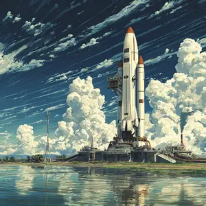 An imposing space shuttle, white with orange accents, stands majestically on a sophisticated launchpad beside a calm body of water. The sky above is a dramatic blend of deep blue with sweeping, streaky clouds and voluminous white cumulus formations. Industrial structures surround the launch vehicle, with some emitting smoke or steam, suggesting preparations for launch. A tall, slender antenna-like tower is visible in the mid-ground. The water beautifully reflects the sky and parts of the distant landscape, adding a serene yet anticipatory atmosphere to this high-tech scene, reminiscent of a retro-futuristic anime aesthetic.