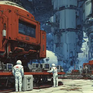 This image depicts a bustling, futuristic industrial environment, possibly within a space station or a vast extraterrestrial facility. The central focus is a massive, modular orange structure, surrounded by towering, complex cylindrical buildings in cool blue and grey tones. Several figures, clad in pristine white full-body suits, are actively engaged at various control stations equipped with multiple computer monitors displaying intricate data and schematics. They appear to be operating or monitoring advanced technological systems, suggesting a critical phase of construction, maintenance, or operation. The atmosphere is one of intense technological activity, precision, and large-scale engineering.
