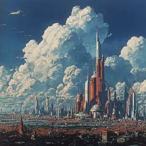 A breathtaking, wide-angle depiction of a sprawling futuristic cityscape under a vibrant blue sky dotted with colossal, fluffy white clouds. Towering skyscrapers, predominantly white and red, pierce the horizon, showcasing intricate architectural designs and suggesting advanced engineering. Below these central mega-structures, a dense network of smaller, reddish-brown buildings stretches into the distance, intersected by rivers or canals and numerous bridges. In the sky, several sleek, futuristic aircraft or drones are visible, some flying in organized formations, hinting at sophisticated aerial transportation and perhaps defense capabilities. The overall mood is one of grandeur, technological advancement, and a utopian or highly developed civilization.