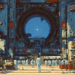 The image depicts a grand, futuristic industrial or scientific complex, dominated by a colossal circular opening or portal at its center, glowing with a bright blue light and a distinct star-like anomaly. A large assembly of figures, uniformly dressed in white suits, stands on a vast striped platform in the foreground, facing the immense structure. One individual, positioned centrally, gazes directly at the portal, suggesting a moment of anticipation or contemplation. The surrounding architecture is intricate and metallic, hinting at advanced engineering and immense scale. The scene evokes a sense of monumental scientific endeavor, mystery, and a slightly sterile, yet awe-inspiring, atmosphere.
