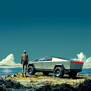 A stylized, comic book-esque image depicts a solitary figure standing with their back to the viewer, facing a calm body of water under a vast, teal-blue sky. To their right is a futuristic, angular vehicle resembling a Tesla Cybertruck, with its distinctive sharp lines and large, rugged wheels. The scene unfolds on a rocky, grassy shoreline, with distant clouds dotting the horizon over the water. The man wears a jacket with a prominent red stripe. The overall atmosphere is one of quiet contemplation, adventure, or perhaps the end of a long journey in a technologically advanced world, blending natural beauty with cutting-edge design.