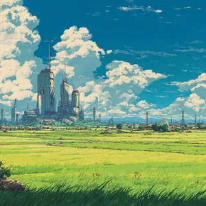 The image depicts a serene, expansive landscape showcasing a harmonious blend of nature and advanced civilization under a vibrant blue sky adorned with voluminous white clouds. In the mid-ground, a cluster of towering, sleek, grey futuristic buildings, possibly a city or an advanced research complex, stands as the central focus, equipped with various antennae and intricate architectural details. These impressive structures emerge from vast, verdant green fields that stretch into the foreground, where blades of grass and wildflowers are visible. Scattered across the plains are smaller residential structures and utility towers, leading to a hazy mountain range in the far distance. The overall atmosphere evokes a sense of tranquil coexistence and a hopeful, perhaps utopian, future.
