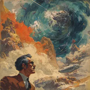 This vibrant, retro-futuristic artwork depicts a thoughtful man in profile, wearing glasses and a suit, gazing upwards and to the right. He stands amidst a rugged, earthy landscape featuring prominent orange and brown rock formations partially obscured by clouds. Above and beyond the terrain, a breathtaking, swirling teal vortex dominates the sky, acting as a backdrop for a massive, intricate space station or structure. Numerous smaller spacecraft and flying objects navigate this ethereal space, suggesting an advanced civilization or a complex interstellar environment. The scene evokes a mood of wonder, contemplation, and futuristic discovery, blending natural elements with high-tech marvels.