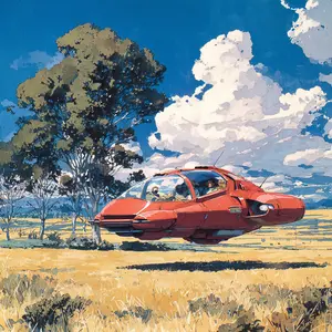 This vibrant artwork depicts a sleek, futuristic red vehicle, resembling a hovercar or a personal aerial craft, flying low over a vast golden-yellow field. The vehicle features a large transparent canopy, revealing at least two occupants inside, seemingly enjoying the journey. Towering green trees with sparse foliage line the left side of the frame, under a brilliant blue sky dotted with fluffy white cumulus clouds. The setting evokes a sense of serene natural beauty intertwined with advanced technology, creating an adventurous and somewhat nostalgic atmosphere of exploration as the craft casts a shadow on the dry grass below.