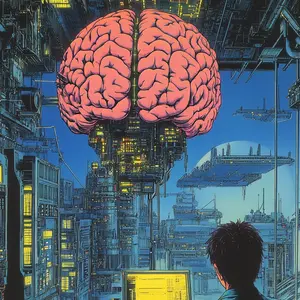 This vivid, cyberpunk-style illustration presents a colossal, intricately detailed human brain hovering majestically above a futuristic, sprawling cityscape. The brain, rendered with biological accuracy, seems to be a central, glowing component powering or overseeing the metropolis. Below, a person is depicted from behind, engrossed in work on a laptop that emits a bright yellow glow, surrounded by various electronic devices and cables. The city itself is a dense network of towering structures, intricate connections, and illuminated windows, all set against a deep blue sky. Distant flying platforms or vehicles hint at an advanced, possibly autonomous, transportation system, creating an atmosphere where human intellect and cutting-edge technology are profoundly intertwined.