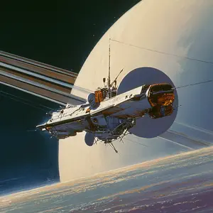 The image portrays a majestic, highly detailed spacecraft in the vastness of deep space, positioned against the striking backdrop of a ringed gas giant and another celestial body. The spacecraft, a marvel of human engineering, features an elongated hull, intricate antennae, and a large dish-like structure, suggesting advanced observational or communication capabilities. It appears to be on an exploratory mission, calmly orbiting the massive planet whose rings stretch diagonally across the frame. The scene evokes a sense of awe, adventure, and the serene beauty of space exploration, highlighting humanity's technological prowess in venturing into the cosmos.
