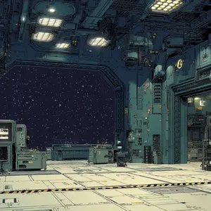 The image depicts the vast, detailed interior of a futuristic space facility, likely a control room or hangar bay, offering a breathtaking view of a star-filled universe through a large, open aperture. The environment is characterized by an industrial aesthetic, featuring intricate paneling, exposed conduits, numerous control consoles with illuminated screens, and various pieces of machinery. An orange sofa and a bench provide seating amidst the high-tech equipment, suggesting a manned operational post. Overhead, large grid-patterned lights illuminate the metallic blue-grey structures. The scene evokes a mood of advanced technology, quiet operations, and the immensity of space beyond the station's confines.