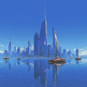 This image portrays a breathtaking, futuristic city skyline bathed in vibrant blue light under a clear, expansive sky. Towering, slender skyscrapers with sharp, angular designs dominate the horizon, their surfaces reflecting the bright atmosphere. In the foreground, calm, reflective blue waters host several sleek sailboats, with a striking red catamaran positioned prominently to the right. The city's reflection shimmers on the tranquil water, creating a symmetrical and almost dreamlike tableau. The overall mood is serene and advanced, suggesting a harmonious blend of cutting-edge architecture and peaceful maritime life in a clean, utopian environment.