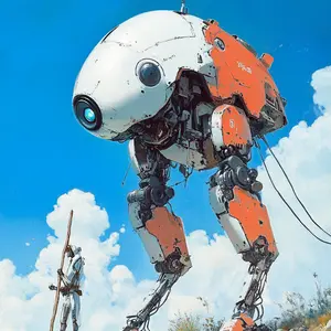 A vibrant, almost painterly image depicts a vast, sun-drenched landscape under a clear blue sky dotted with fluffy white clouds. In the foreground, a colossal, bipedal walker robot, predominantly white with striking orange accents and intricate mechanical details, dominates the view. Its spherical head features a glowing blue eye. Standing on a rocky incline to the left, a smaller, slender humanoid robot, clad in white and holding a long wooden staff, gazes toward the distance, perhaps in observation or anticipation. The terrain is rugged and arid, suggesting a desolate but explored frontier. The scene evokes a futuristic sense of exploration and the bond between advanced machines.