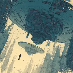 The image presents a breathtaking, futuristic scene with a lone figure in what appears to be a space suit, floating or falling amidst colossal, intricate structures. Two dominant, disc-shaped objects, reminiscent of spacecraft or sections of a vast space station, occupy the upper and middle ground, showcasing complex mechanical details in a metallic teal hue. Below and around, countless towering architectural elements, forming an impossibly dense cityscape, extend into a pale, ethereal sky. The perspective is tilted, creating a disorienting yet awe-inspiring sense of scale and depth. The mood is one of profound isolation and wonder in a grand, alien-like technological frontier.