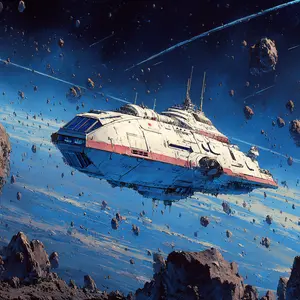 A powerful, futuristic white and red spaceship navigates a perilous asteroid field, with a vast blue celestial body (likely a planet or gas giant) stretching across the lower half of the frame. The vessel, detailed with visible hull plating and antennae, is the central focus, appearing resolute as it moves through the dense cosmic debris. Numerous brown and grey asteroids of varying sizes surround the ship, creating a sense of dynamic movement and potential danger. Streaks of light in the dark expanse of space hint at distant stars or other fast-moving objects, lending an adventurous and awe-inspiring atmosphere to this deep space exploration scene.