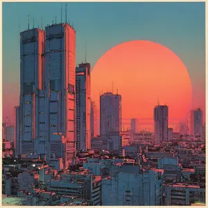 This image depicts a vibrant, retro-futuristic cityscape dominated by towering, geometric skyscrapers. An enormous, radiant orange sun, resembling a setting or rising sun, casts a warm glow across the scene, transitioning the sky from a serene teal at the top to a fiery orange-red near the horizon. The cool blue-grey tones of the meticulously detailed, block-like buildings contrast dramatically with the warm sky. The urban environment is dense, suggesting a sprawling metropolis with advanced infrastructure. The overall aesthetic evokes a sense of technological grandeur, vast scale, and a distinct cyberpunk or synthwave atmosphere, creating a mood that is both awe-inspiring and subtly melancholic.