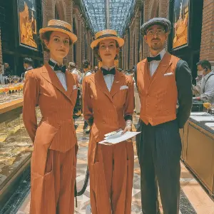 Three elegantly dressed individuals, two women and one man, stand poised in a grand, retro-inspired indoor setting, likely a high-end bar or event venue. The two women in the foreground wear matching rust-colored pinstriped suits with wide-leg trousers, white shirts, black bow ties, and straw boater hats. The central woman holds some papers. The man, slightly behind and to the right, wears a newsboy cap, glasses, a pinstriped vest, and dark pinstriped trousers, also with a bow tie. The backdrop features arched brick columns, a glass ceiling, large framed artworks, and a long counter lined with cocktails. Other event attendees are visible in the blurred background, contributing to a sophisticated and exclusive atmosphere.