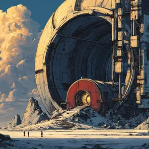 A gargantuan, partially spherical or cylindrical industrial-looking structure dominates the scene, with a massive circular opening leading into a dark, cavernous interior. At its base, a smaller, vibrant red cylindrical entrance emits a warm, golden glow, accessible via a snow-covered ramp. The colossal edifice rests on a vast, desolate, snow-covered plain, flanked by rugged, icy rock formations under a dramatic sky filled with warm-toned cumulus clouds. Three minuscule figures in the foreground appear to be intrepid explorers, dwarfed by the monumental scale, approaching the mysterious entrance. The atmosphere is one of profound awe, isolation, and futuristic wonder.