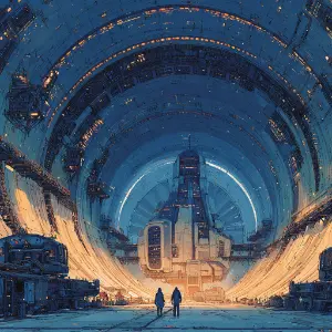Two small figures traverse the immense, illuminated interior of what appears to be a colossal, cylindrical space station or futuristic hangar. Their backs are to the viewer as they walk towards a towering, intricately designed spacecraft or central structure anchored in the distance. The vast walls of the facility are detailed with layers of metallic architecture, glowing orange lights, and suspended platforms, emphasizing an advanced, high-tech industrial environment. A bright, almost ethereal glow emanates from the far end of the tunnel, casting long shadows and highlighting the monumental scale of the setting. The atmosphere conveys a sense of awe, technological marvel, and the vastness of human endeavor in a futuristic, interstellar context.
