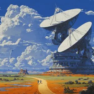 The image portrays a dramatic, anime-inspired landscape featuring two colossal white satellite dishes dominating the right side, mounted on a multi-tiered, complex grey structure. These massive radio telescopes stand under a brilliant blue sky filled with immense, fluffy cumulus clouds. In the foreground, a winding dirt path stretches through an arid, orange-hued plain dotted with green shrubbery and small pools of water. Two small figures walk along this path, heading away from distant, flat-topped mesas visible on the horizon. The overall mood is one of vastness and scientific wonder, blending advanced technology with a serene natural environment, suggesting exploration and observation.