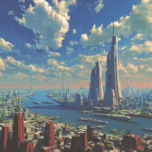 This image captures a breathtaking, expansive view of a futuristic metropolis, sprawling across a wide river or bay under a vibrant, cloud-dotted sky. Towering, sleek skyscrapers, predominantly in shades of grey and white, dominate the cityscape, with several strikingly tall structures featuring pointed spires. In the foreground, distinct red-hued buildings add a contrast to the otherwise light-toned architecture. Numerous flying vehicles, resembling airships or large drones, traverse the sky, while modern vessels navigate the waterway, suggesting an advanced civilization with sophisticated transportation networks. The overall atmosphere is grand and serene, conveying a sense of advanced human ingenuity and a thriving future.