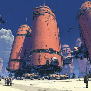 A breathtaking, wide-angle view reveals a sprawling futuristic industrial complex dominated by colossal, reddish-orange cylindrical towers that pierce a deep blue, starlit sky. These immense structures, intricately detailed with conduits, panels, and platforms, are connected by elevated walkways and power lines, suggesting a highly integrated system. On the expansive, dusty ground below, various futuristic vehicles, including large utility trucks and smaller transports, are parked or in transit. Several small figures of people are seen walking, providing a striking sense of scale against the monumental architecture. The overall atmosphere is one of advanced technology, heavy industry, and a grand, somewhat desolate future.