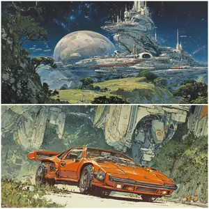The artwork presents a dual-panel scene showcasing a blend of futuristic grandeur and rugged adventure. The top panel depicts an awe-inspiring space-age city or colossal spacecraft nestled within a lush, hilly alien landscape, beneath a starry sky and a massive planet. Smaller craft navigate the expansive environment, suggesting advanced colonization or exploration. The bottom panel features a vibrant orange, retro-futuristic sports car, modified for off-road travel, positioned on a dirt path. Above it looms a colossal, intricate mechanical structure, hinting at advanced infrastructure or industrial operations within the same futuristic world. The overall mood is one of imaginative science fiction, blending monumental technology with a sense of exploration and a slightly rugged, lived-in future.