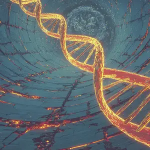 A vibrant, glowing orange-yellow double helix, representing DNA, twists dynamically through the center of the frame. It is situated within a dark, intricate tunnel-like structure with a textured, deep blue surface. Cracks in this surface reveal an intense, molten orange light beneath, suggesting cellular activity, energy flow, or perhaps damage and repair at a microscopic level. In the background, a large, translucent, spherical biological entity with tendrils or pores floats, adding to the deep scientific and biological context. The overall atmosphere is futuristic, scientific, and slightly dramatic, evoking themes of genetic manipulation, biotechnology, and the intricate world within cells.