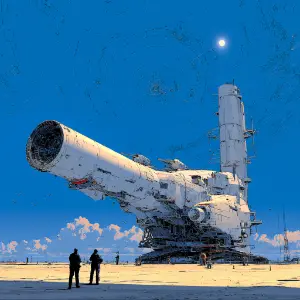 This vivid image showcases a monumental, white, futuristic cannon-like structure, potentially a space launch system or a superweapon, dominating a vast, flat, desert-like expanse. Two silhouetted figures stand in the foreground, observing the immense machinery, which includes a tall, slender tower on its right. The expansive blue sky above features striking concentric patterns, suggesting an artificial dome, an orbital ring, or an advanced space station, with a bright orb acting as a sun or moon. Small flying craft or drones are visible in the distance, enhancing the sense of advanced technology. The scene evokes a mood of grand engineering, immense power, and a highly advanced, possibly strategic, future.