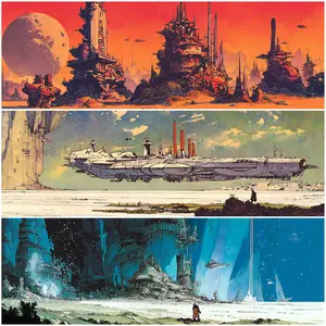 This triptych presents three distinct, fantastical science fiction landscapes. The top panel showcases an alien world under a red sky with a colossal moon, dominated by intricately detailed, towering cities or industrial structures built on rugged terrain, with small craft flying above. The middle panel features a colossal, sleek spacecraft hovering silently over a desolate, icy plain, with a solitary figure observing it against a dramatic cliff face, conveying a sense of vastness and exploration. The bottom panel plunges into a luminous, cavernous environment filled with glowing, organic-looking structures and smaller aerial vehicles, where another lone figure in a protective suit contemplates the mysterious depths and a brilliant energy beam, evoking a mood of discovery and wonder across these diverse futuristic settings.
