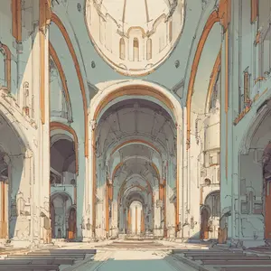 The image presents a striking architectural sketch of a vast, empty cathedral or basilica interior. A long, vaulted nave extends into the distance, flanked by rows of towering columns and arches that create a profound sense of perspective and grandeur. Overhead, a magnificent domed ceiling dominates the central space, allowing light to filter in and cast dramatic shadows across the light-colored stone structure. The artwork style emphasizes clean lines and subtle color washes, giving it an ethereal, almost blueprint-like quality. The overall atmosphere is one of serene monumentality and contemplative silence, highlighting the impressive scale and intricate design of the sacred space.
