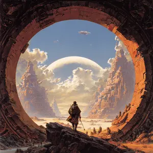 A breathtaking sci-fi landscape viewed through a colossal, weathered ring structure, where a lone cloaked traveler with a staff stands on a rocky precipice, gazing into the distance. Towering, intricately designed futuristic cities rise like immense canyons or mountains, leading towards a colossal, luminous celestial body dominating the sky. Above, several sleek spacecraft or drones navigate the pale blue, cloud-strewn atmosphere. The ground is a desolate, sandy expanse with smaller figures scattered around. The scene evokes a mood of grand exploration, profound mystery, and awe in a vast, advanced, and otherworldly setting.