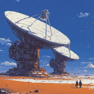 This painterly image depicts a grand, desolate landscape dominated by two colossal white satellite dishes, resembling radio telescopes, under a vivid blue sky dotted with scattered white clouds. The massive structures, with intricate mechanical supports, stand firmly on reddish-orange ground interspersed with patches of white, possibly snow or salt flats. In the foreground, two small human figures, dwarfed by the immense technology, walk towards the distant horizon. The scene evokes a mood of awe and wonder, blending advanced technology with a sense of isolation and discovery, hinting at deep space communication, observation, or perhaps a futuristic exploration of an alien world.