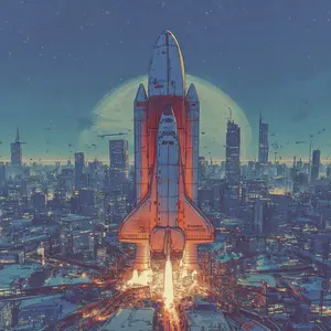 A detailed, futuristic illustration in an anime-inspired style showcases a massive space shuttle system launching vertically from the heart of a sprawling, illuminated metropolis at night. The shuttle, featuring its iconic white orbiters, red external tank, and solid rocket boosters, is engulfed in a brilliant plume of fiery exhaust, casting an orange glow on the urban landscape below. Towering skyscrapers fill the background, bathed in a cool blue light, all set against a starry night sky with a prominent, luminous moon. The image conveys a profound sense of technological marvel, ambition, and the awe-inspiring pursuit of space exploration.