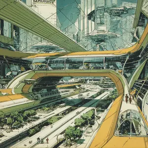 This intricate illustration depicts a bustling, futuristic metropolis characterized by a complex, multi-layered transportation network. Elevated transparent tunnels carrying sleek trains crisscross above a highway system lined with trees and cars. Futuristic flying vehicles navigate the skyline between towering glass skyscrapers, some with disc-shaped structures. Pedestrians can be seen on various levels, including an enclosed walkway and an open pathway. The artwork has a retro-futuristic, almost comic-book style, conveying an optimistic and highly organized vision of an advanced urban environment brimming with technological innovation and efficient public infrastructure.