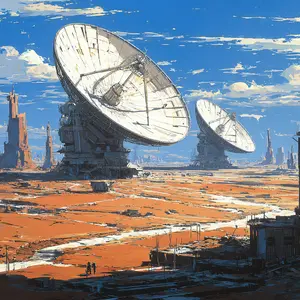 This striking image presents a vast, desolate landscape dominated by two colossal satellite dishes, resembling a futuristic or extraterrestrial setting. The rusty orange ground stretches to the horizon under a vivid blue sky dotted with wispy clouds. The foreground shows dilapidated structures and pathways where two minuscule figures walk, emphasizing the immense scale of the communication arrays. In the background, distant, monolithic structures rise, suggesting a sparse, advanced civilization or research outpost. The overall mood is one of industrious solitude and technological ambition within a stark environment, hinting at deep space observation or interstellar communication.